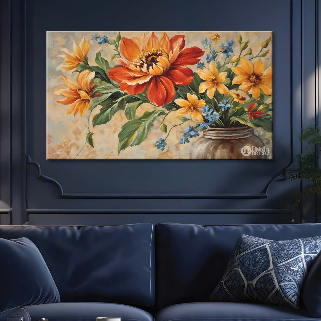 Red and yellow flowers in light background canvas painting- Flower-705