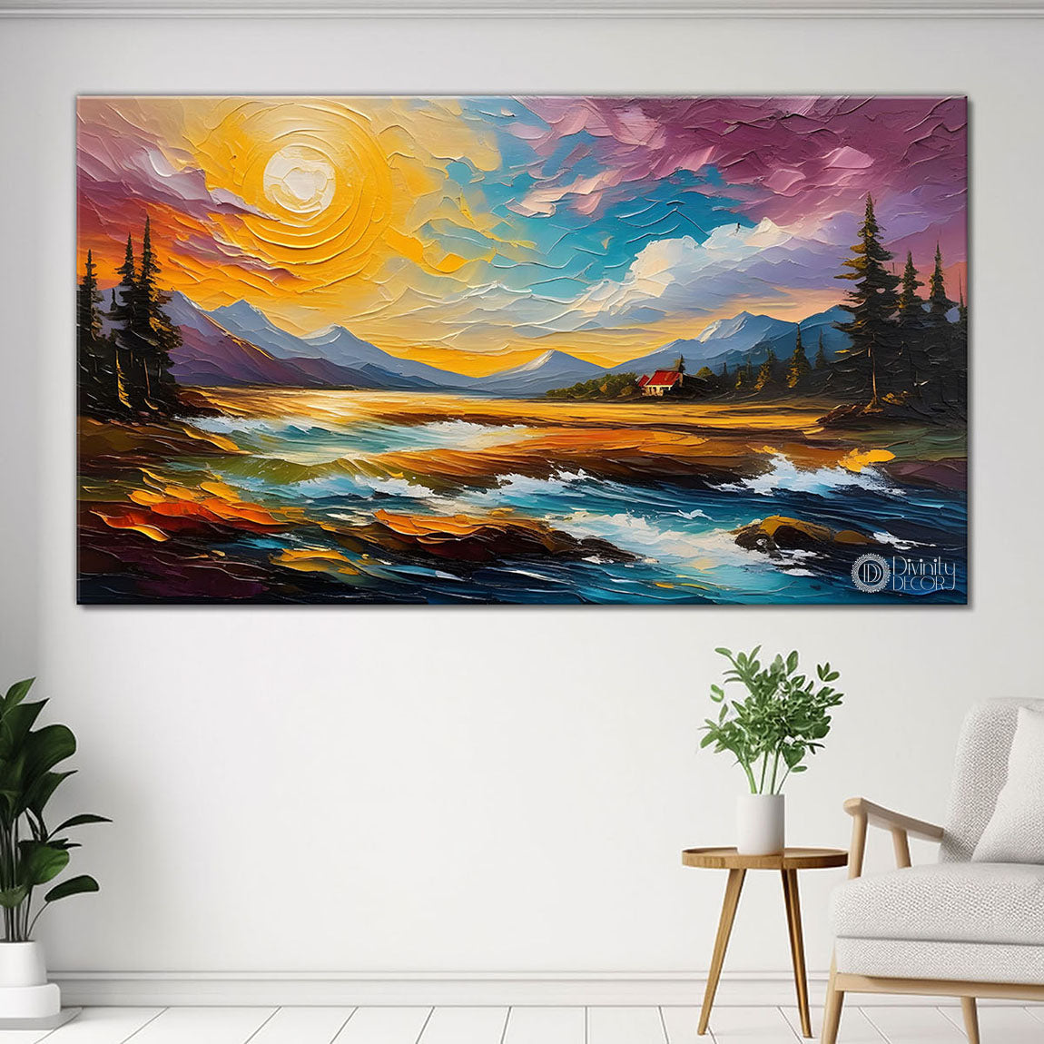 Mountains with lake in colorful sky painting Canvas Painting - Nature Art -707