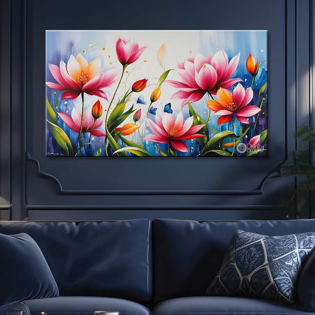 Pink flowers in sky blue background canvas painting- Flower-708