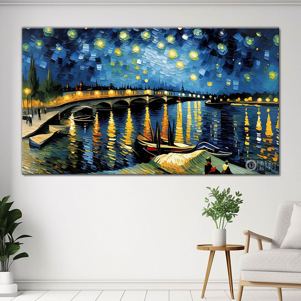Blue sky with lake and bridge painting Canvas Painting - Nature Art -708