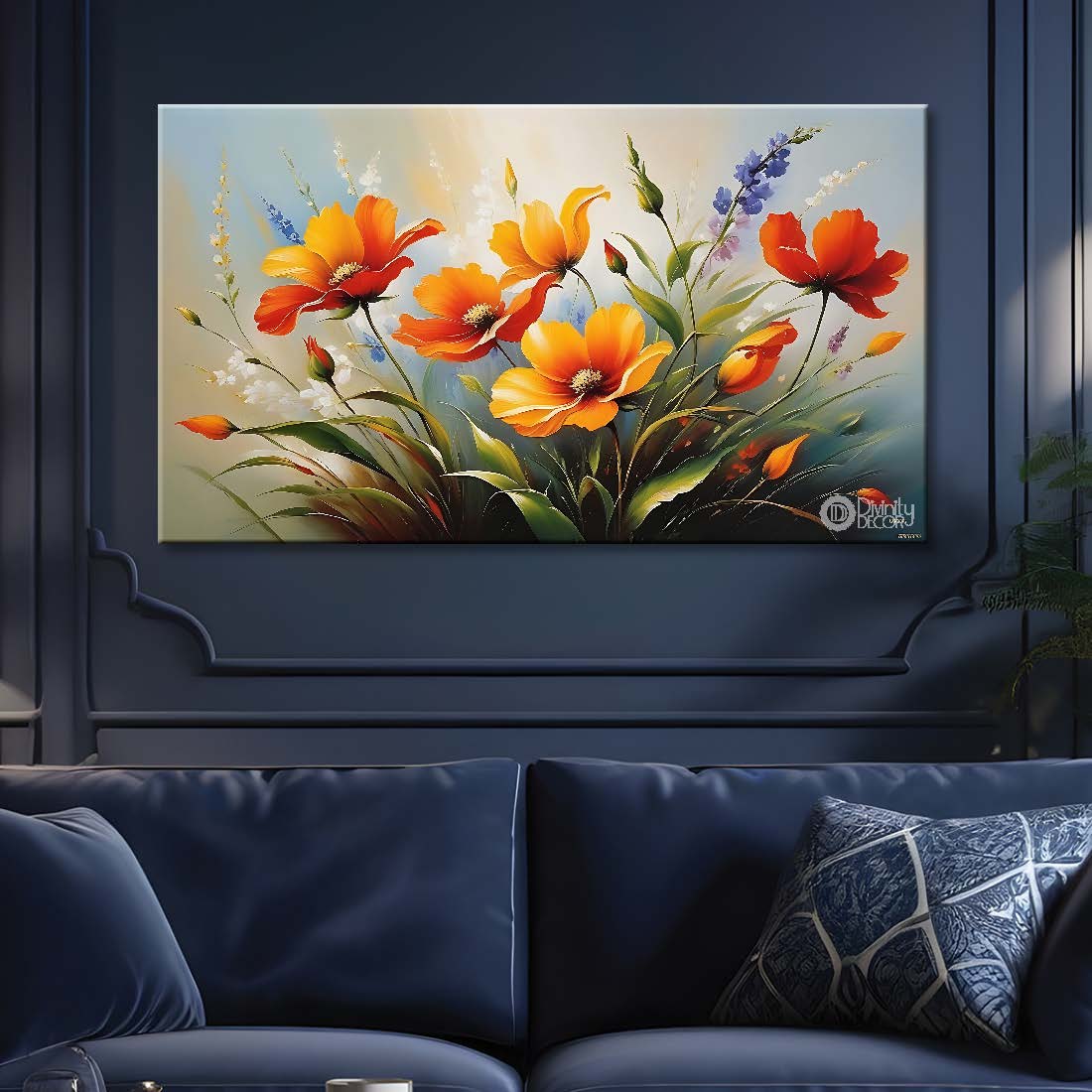 Orange flowers in grey background canvas painting- Flower-709