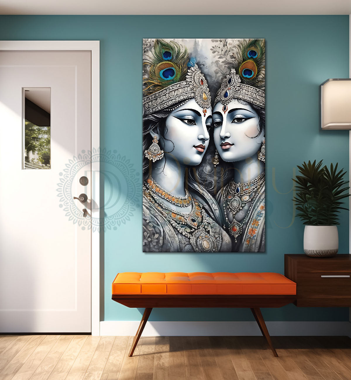 Krishna with radha in grey and light brown water colour textured art Canvas Painting - Design - Krishna-V-70