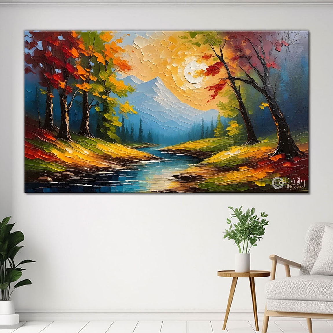 Orange trees with lake painting Canvas Painting - Nature Art -710