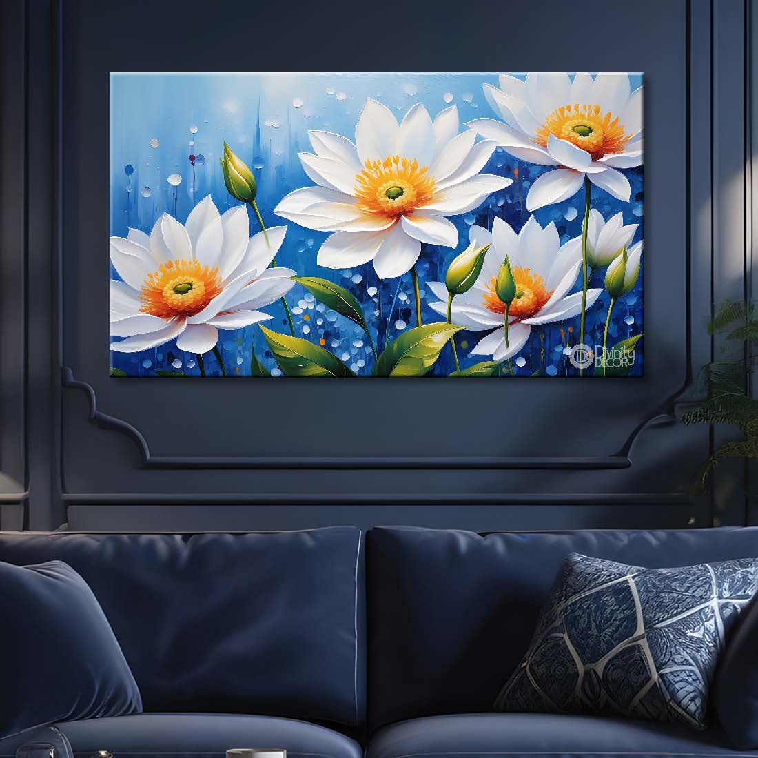 White flowers in sky blue background canvas painting- Flower-712