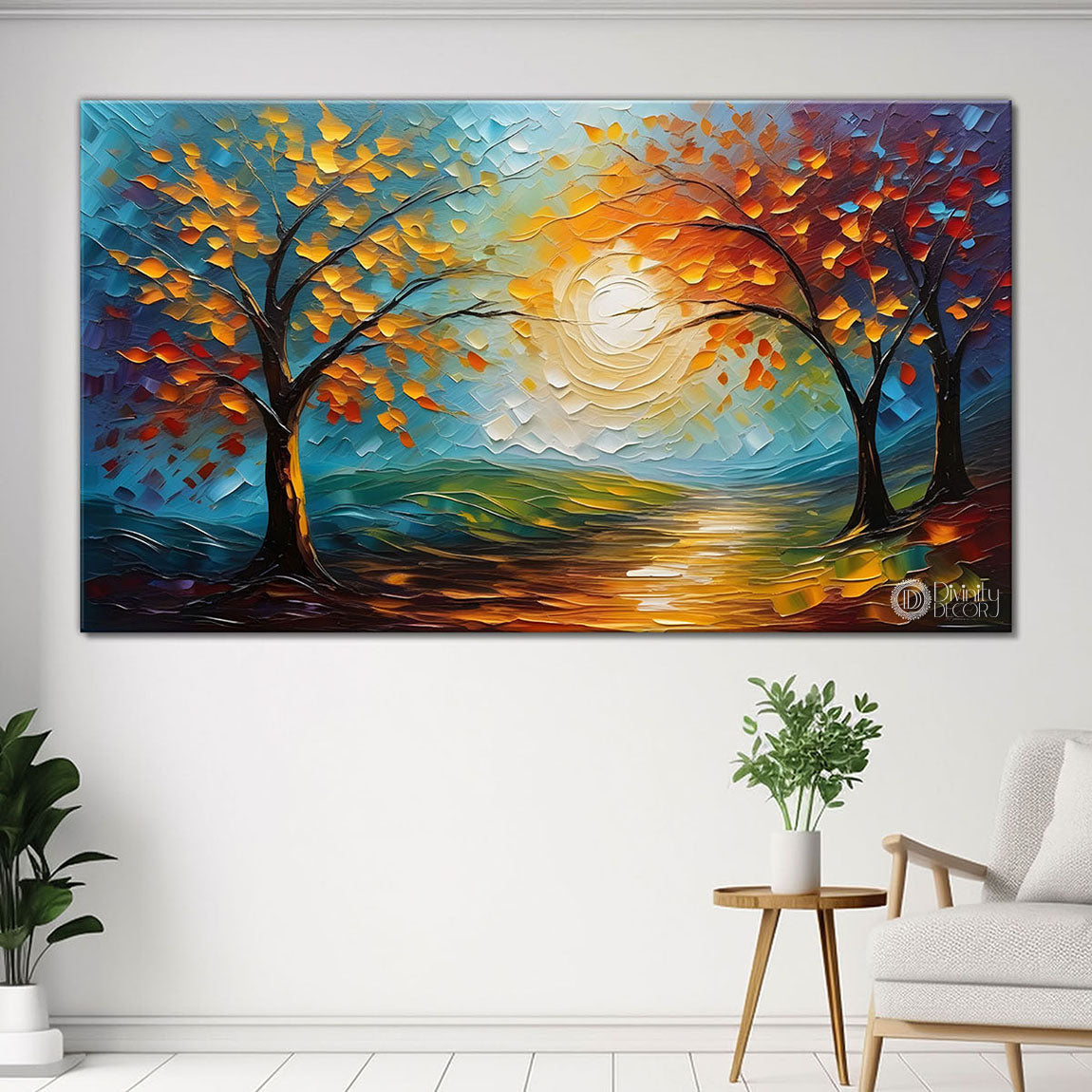 Colorful trees with sun painting Canvas Painting - Nature Art -712