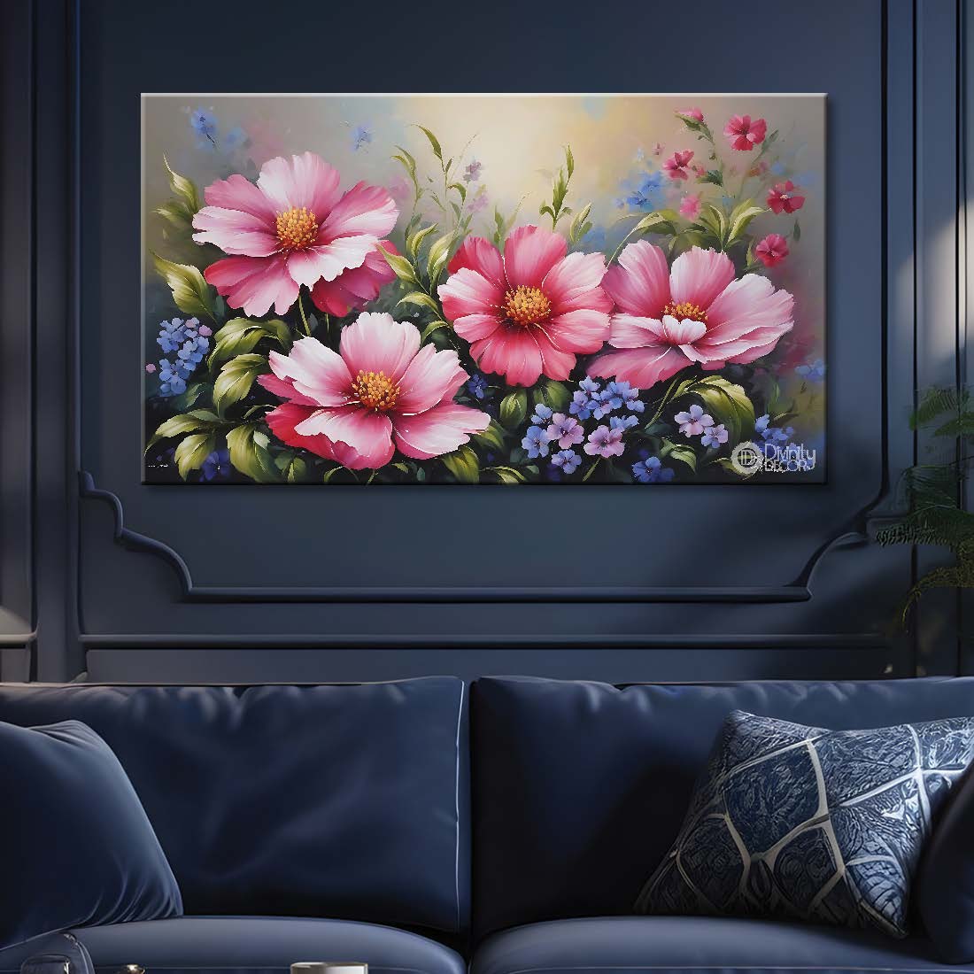 Pink flowers in grey background canvas painting- Flower-713