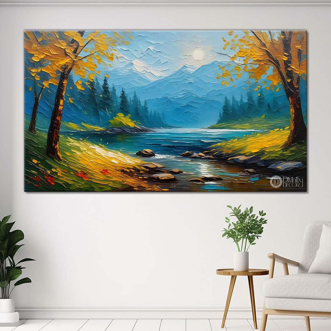 Yellow trees with lake painting Canvas Painting - Nature Art -713