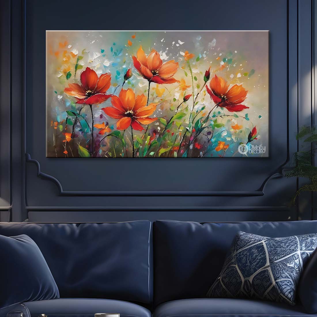 Orange flowers in grey background canvas painting- Flower-714