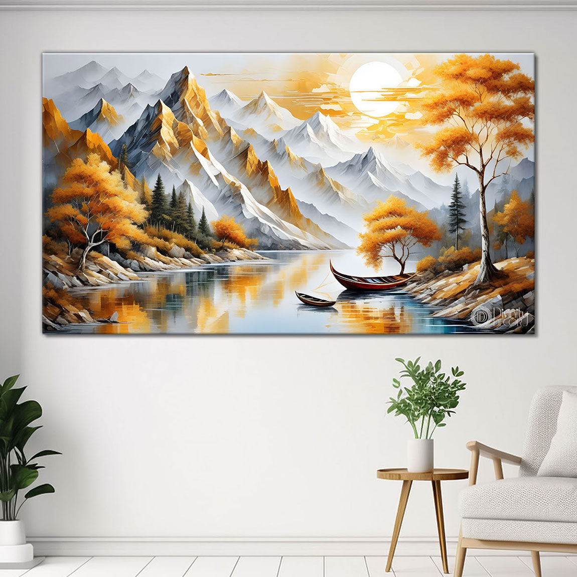Mountains with yellow trees textured painting Canvas Painting - Nature Art -714