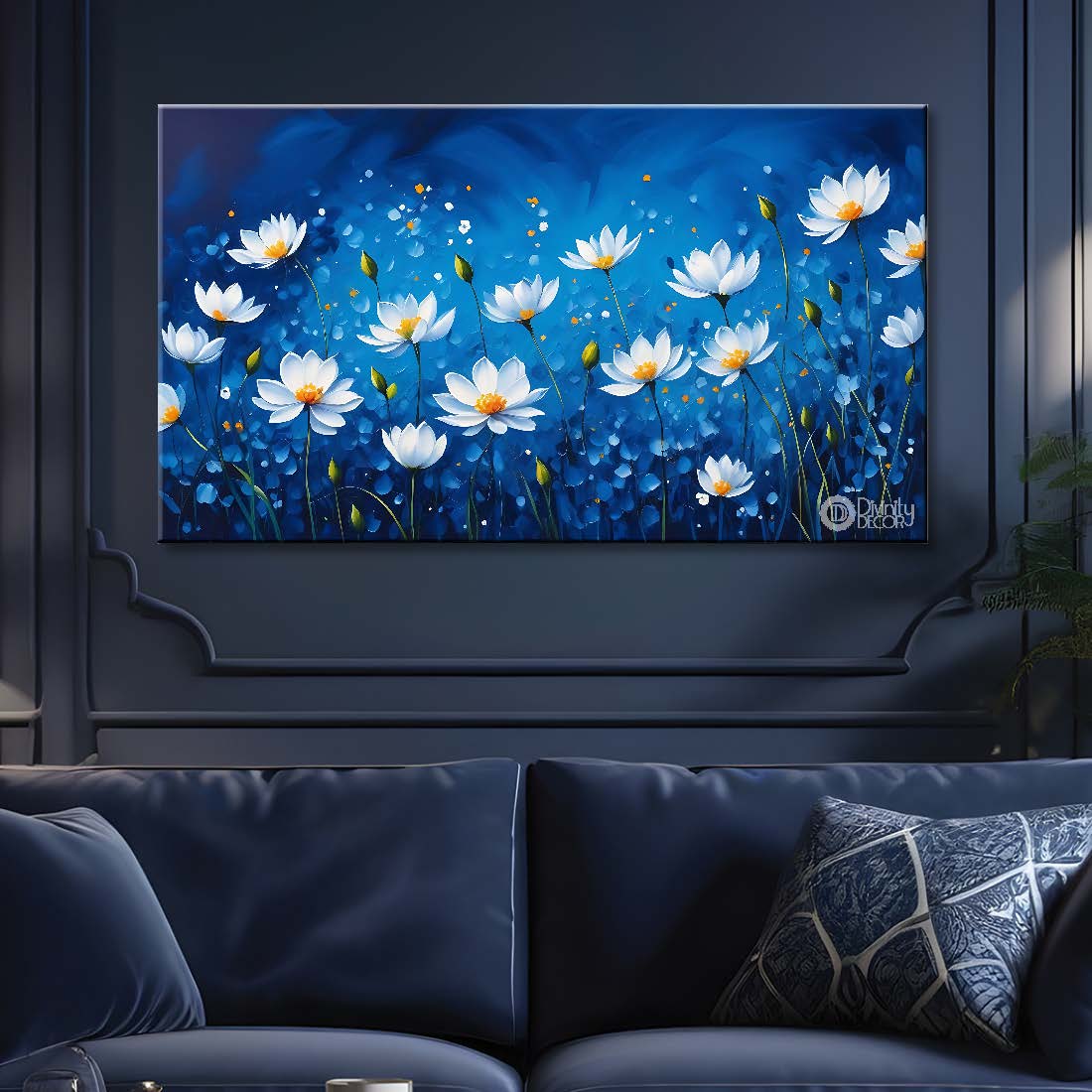 White flowers in blue background canvas painting- Flower-716