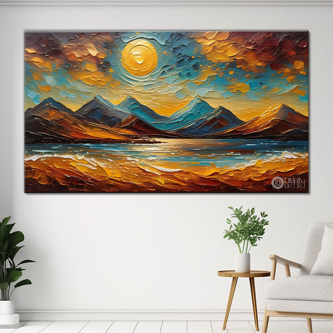 Mountains with moon in textured painting Canvas Painting - Nature Art -717