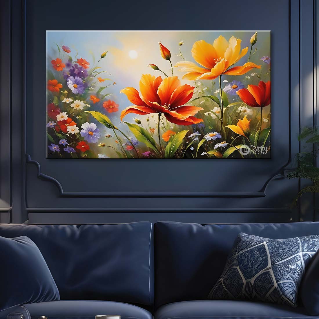 Orange flowers in grey background canvas painting- Flower-718