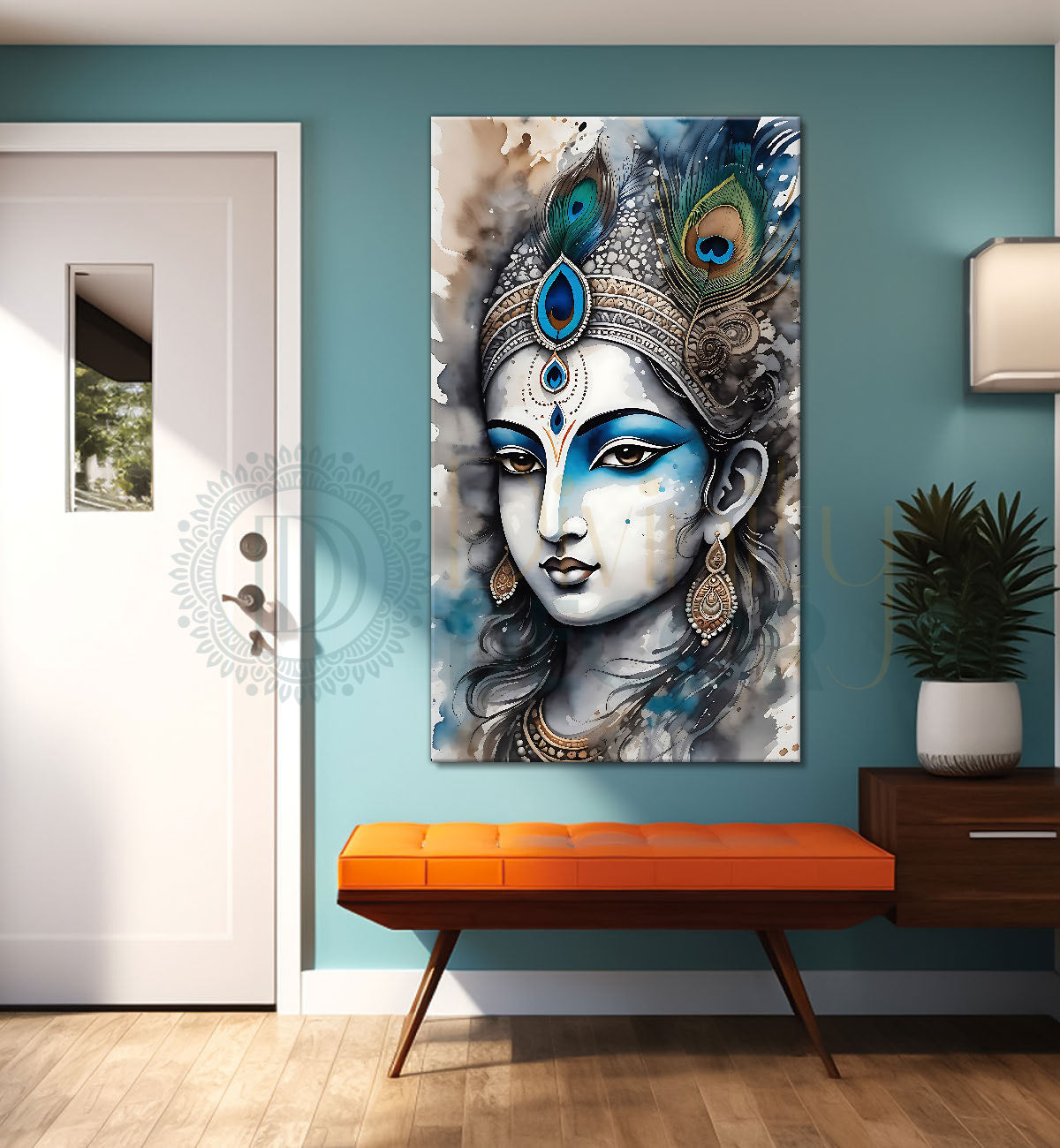 Blue face of krishna in grey and light brown water colour textured art Canvas Painting - Design - Krishna-V-71