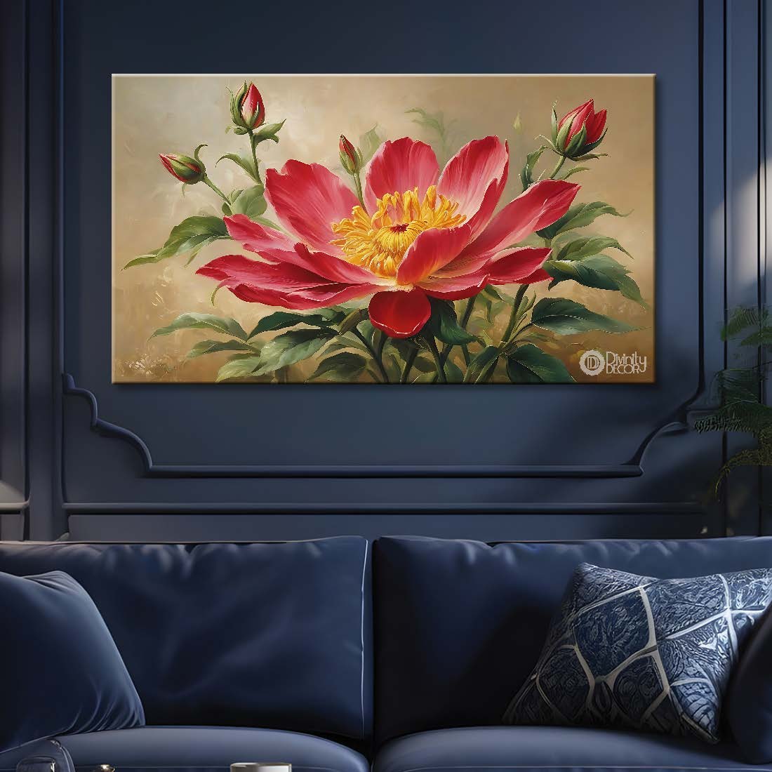 Pink flower in grey background canvas painting- Flower-720