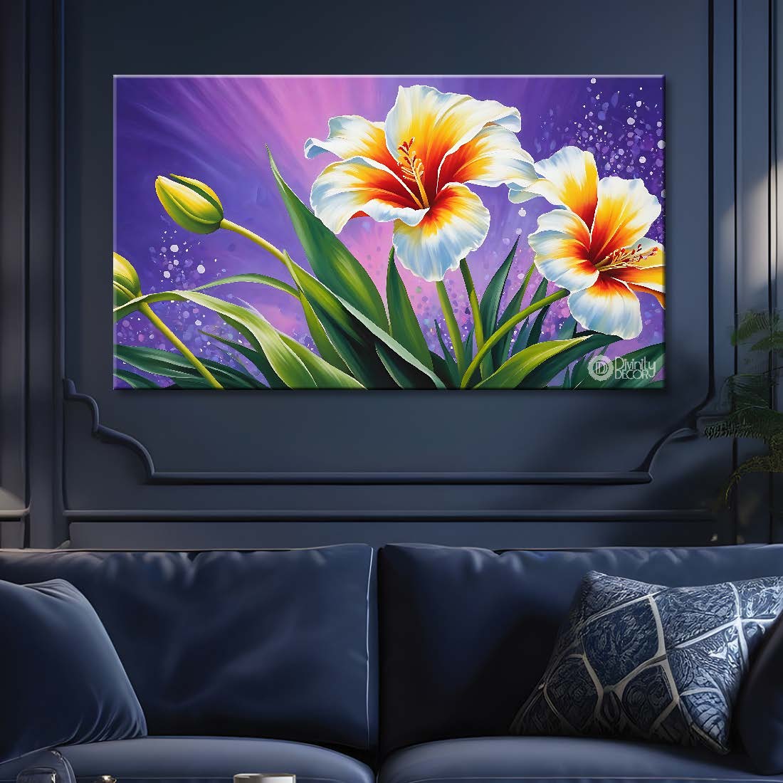White flowers in purple background canvas painting- Flower-721