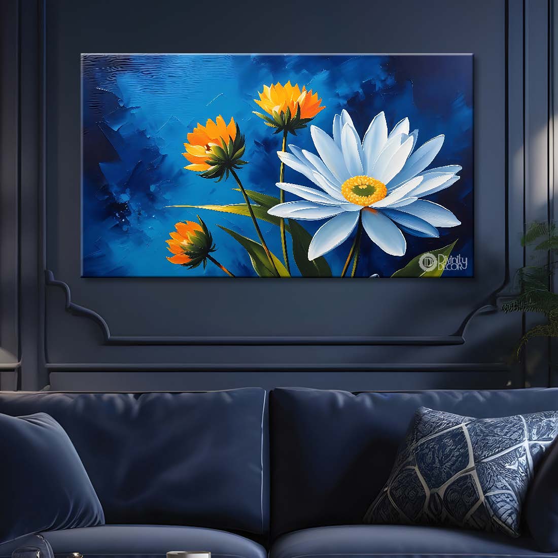 White flowers in navy blue background canvas painting- Flower-722