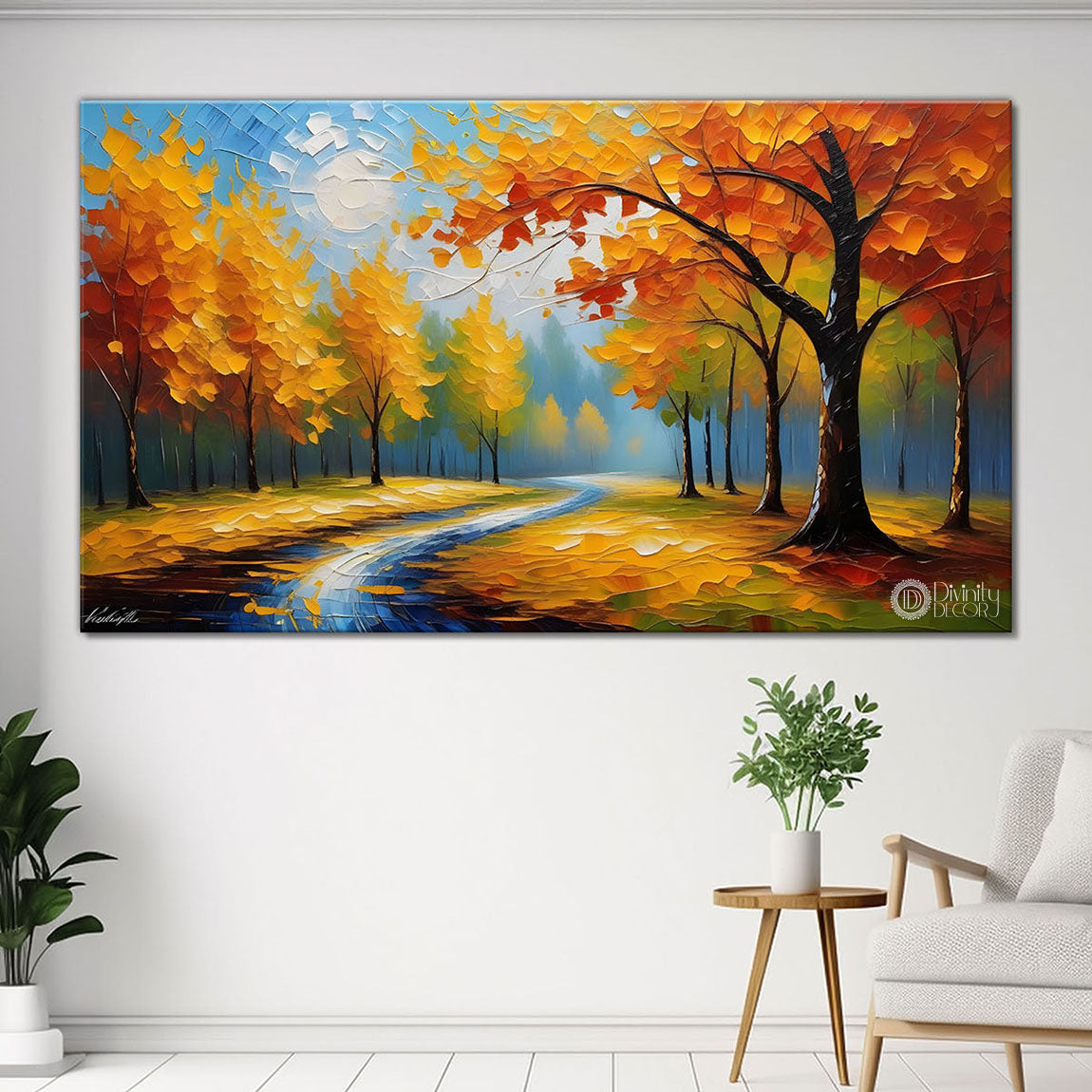 Orange treed with lake painting Canvas Painting - Nature Art -723
