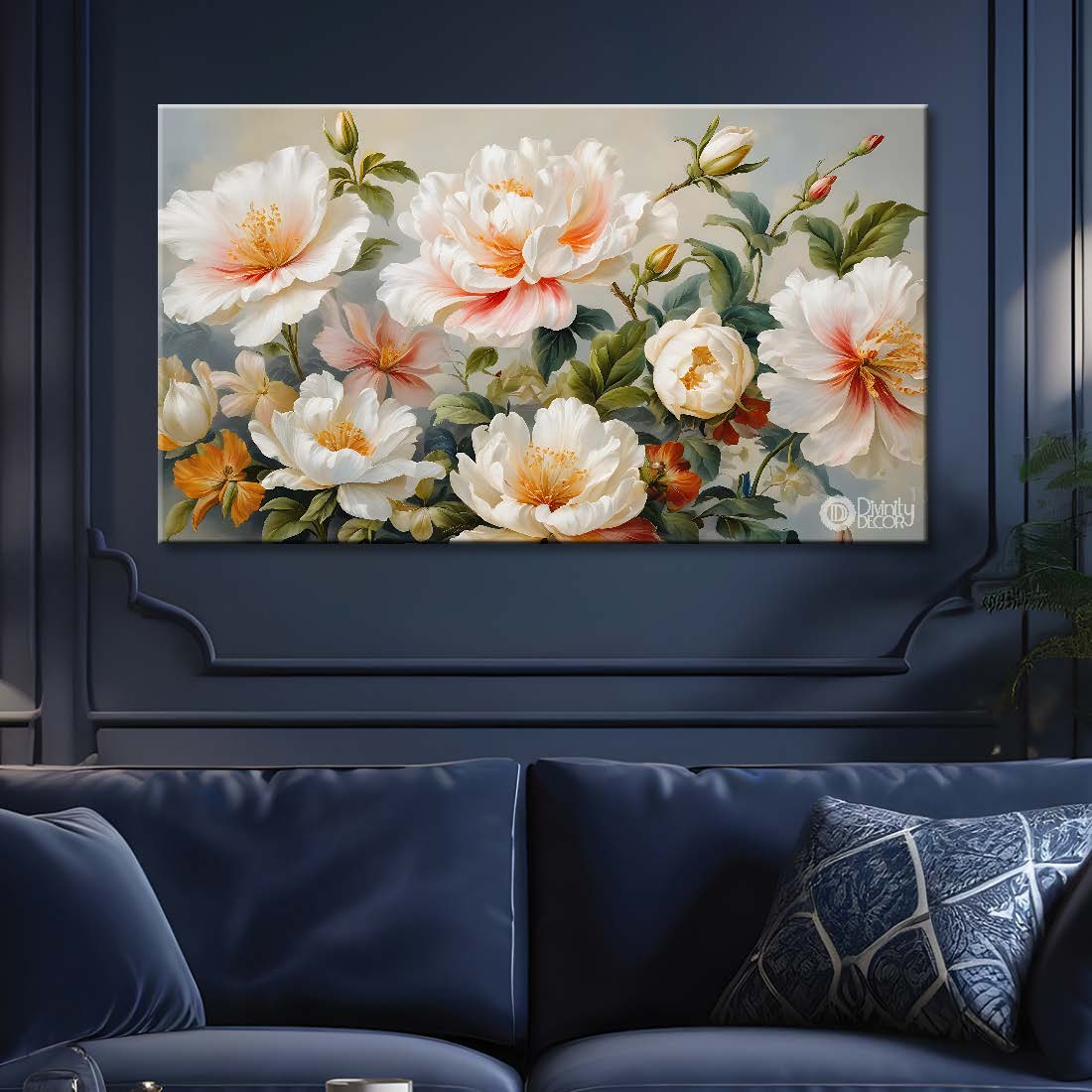 White flowers in grey background canvas painting- Flower-724