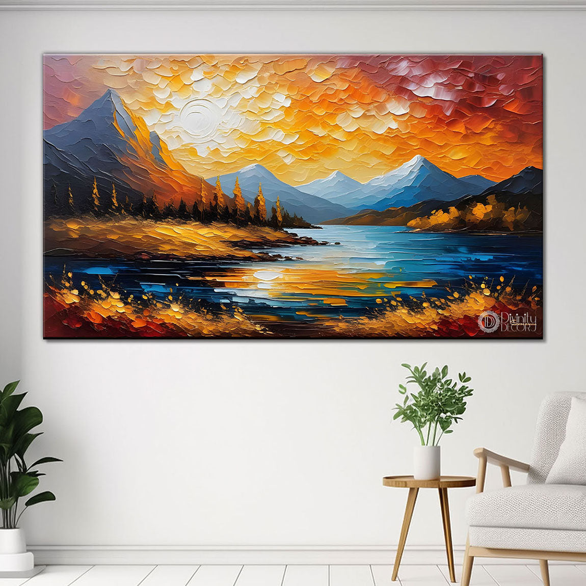 Mountains with orange sky painting Canvas Painting - Nature Art -724