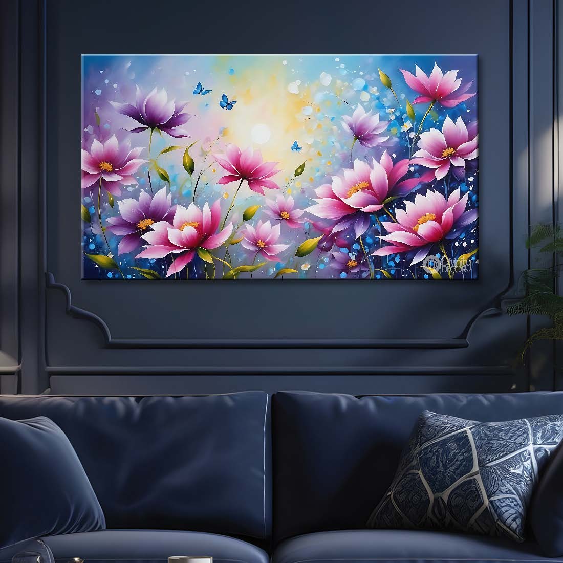 Pink flowers in sky blue background canvas painting- Flower-726