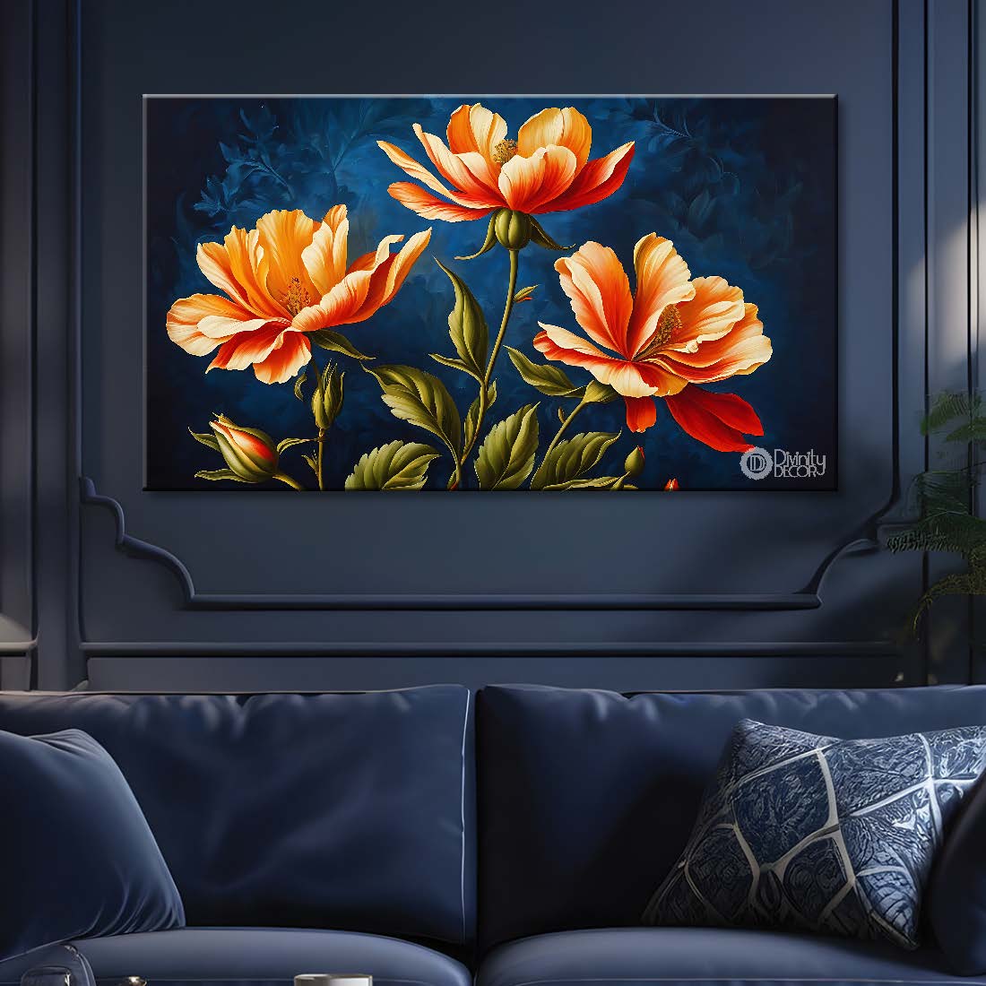 Orange flowers in navy blue background canvas painting- Flower-727