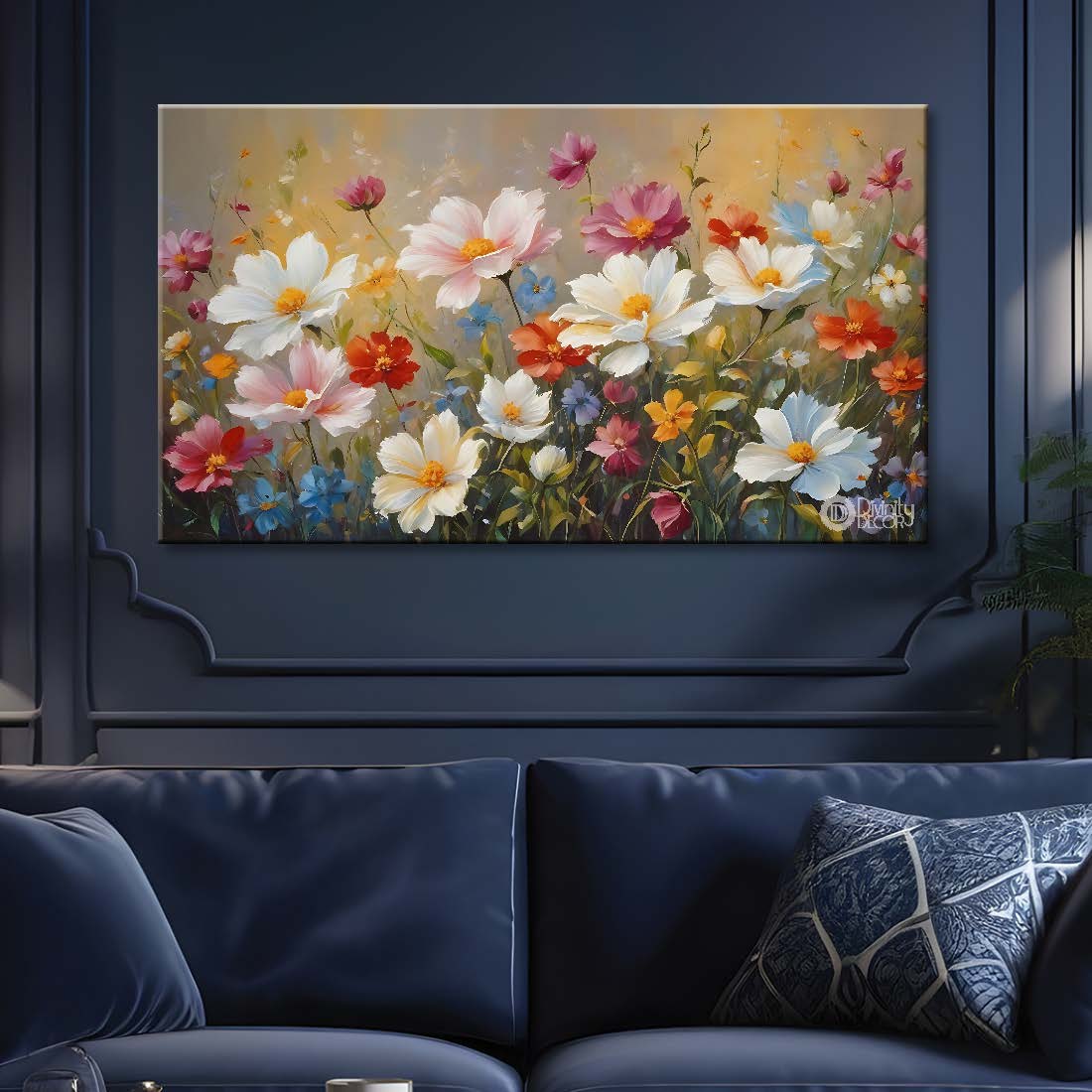 White and pink flowers in light brown background canvas painting- Flower-728