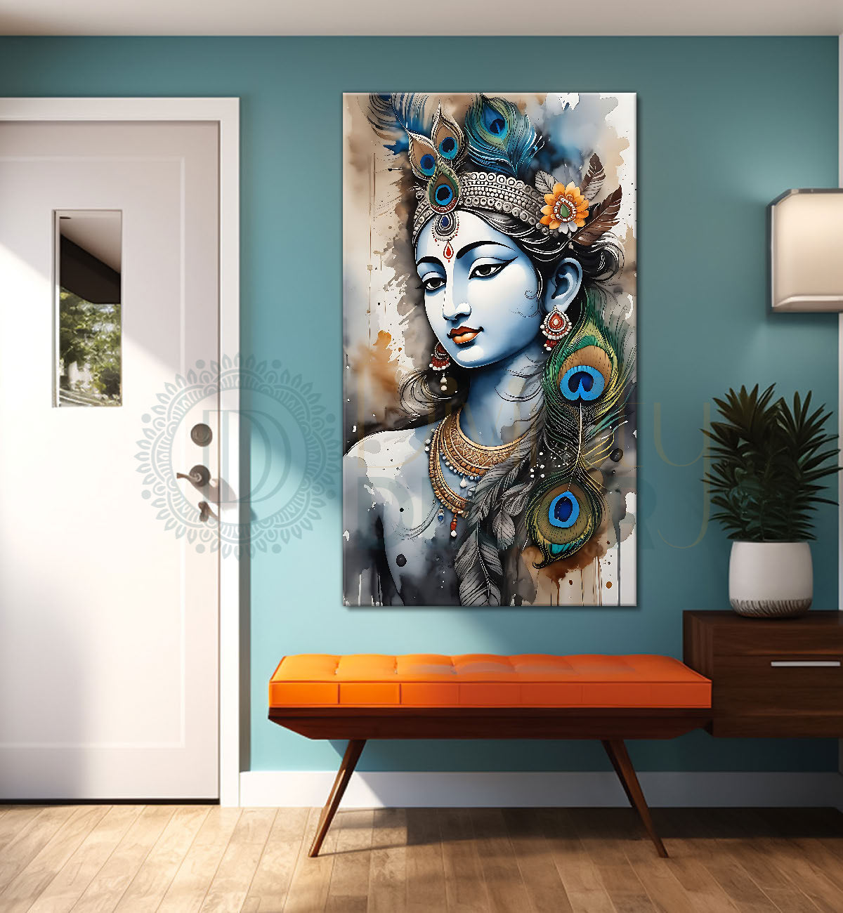 Blue face of krishna in grey and light brown water colour textured art Canvas Painting - Design - Krishna-V-72