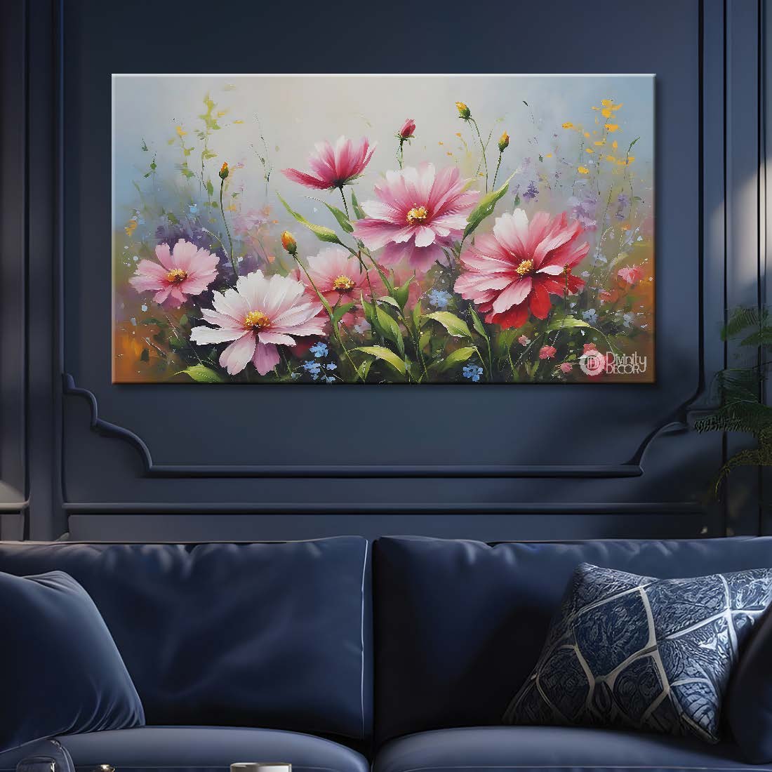 Pink flowers in grey background canvas painting- Flower-730
