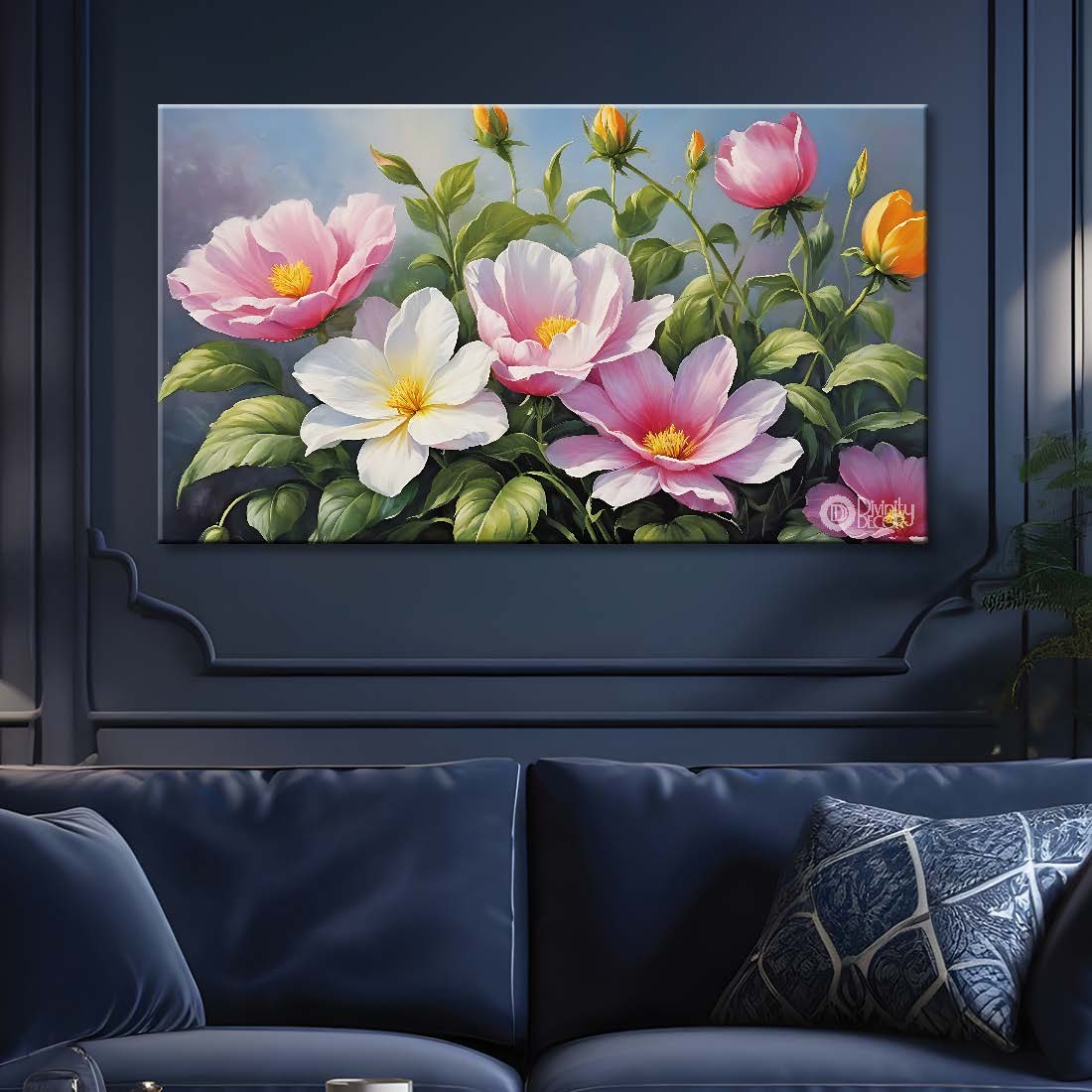 White and pink flowers grey background canvas painting- Flower-732