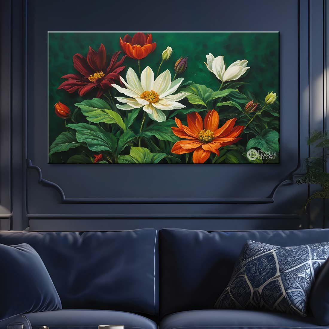 White and red flowers in green background canvas painting- Flower-733