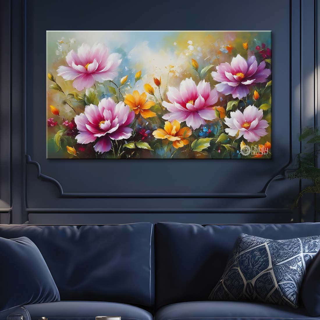 Pink flowers in sky blue background canvas painting- Flower-734