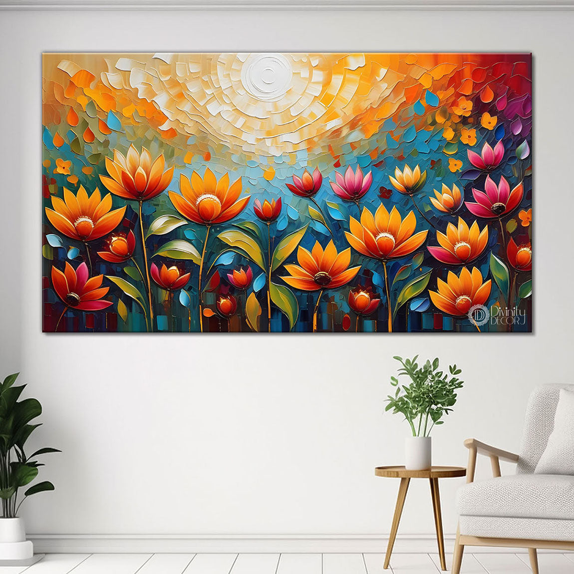Colorful flowers with sun textured painting Canvas Painting - Nature Art -734