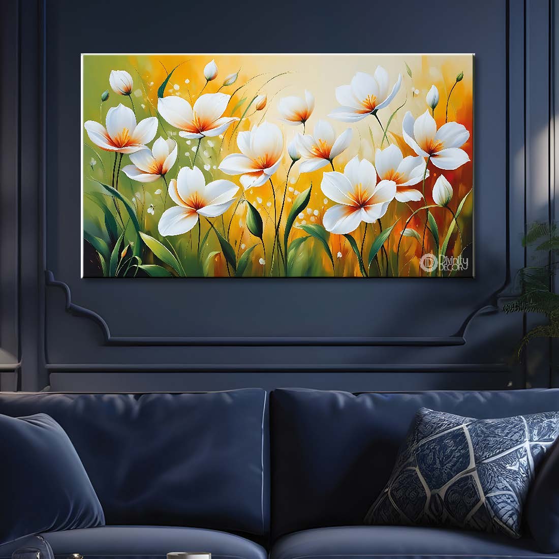 White flowers in yellow background canvas painting- Flower-735