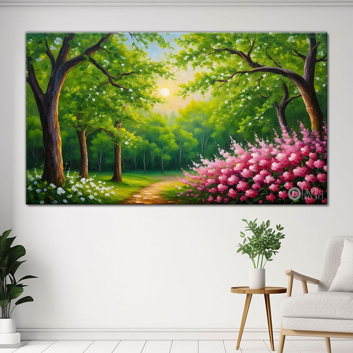 Green trees with pink flowers painting Canvas Painting - Nature Art -736