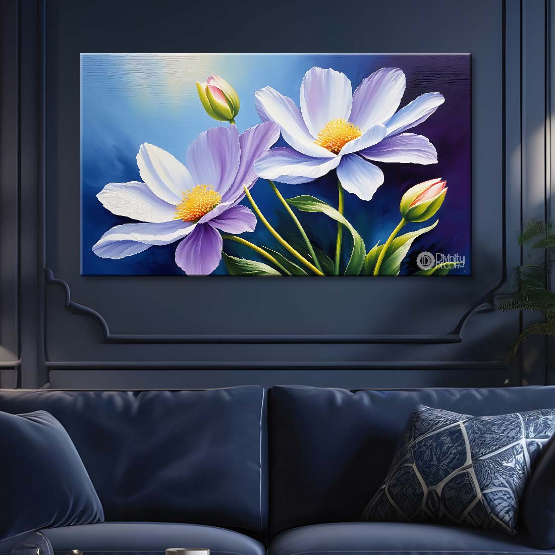 Purple flowers in blue background canvas painting- Flower-737