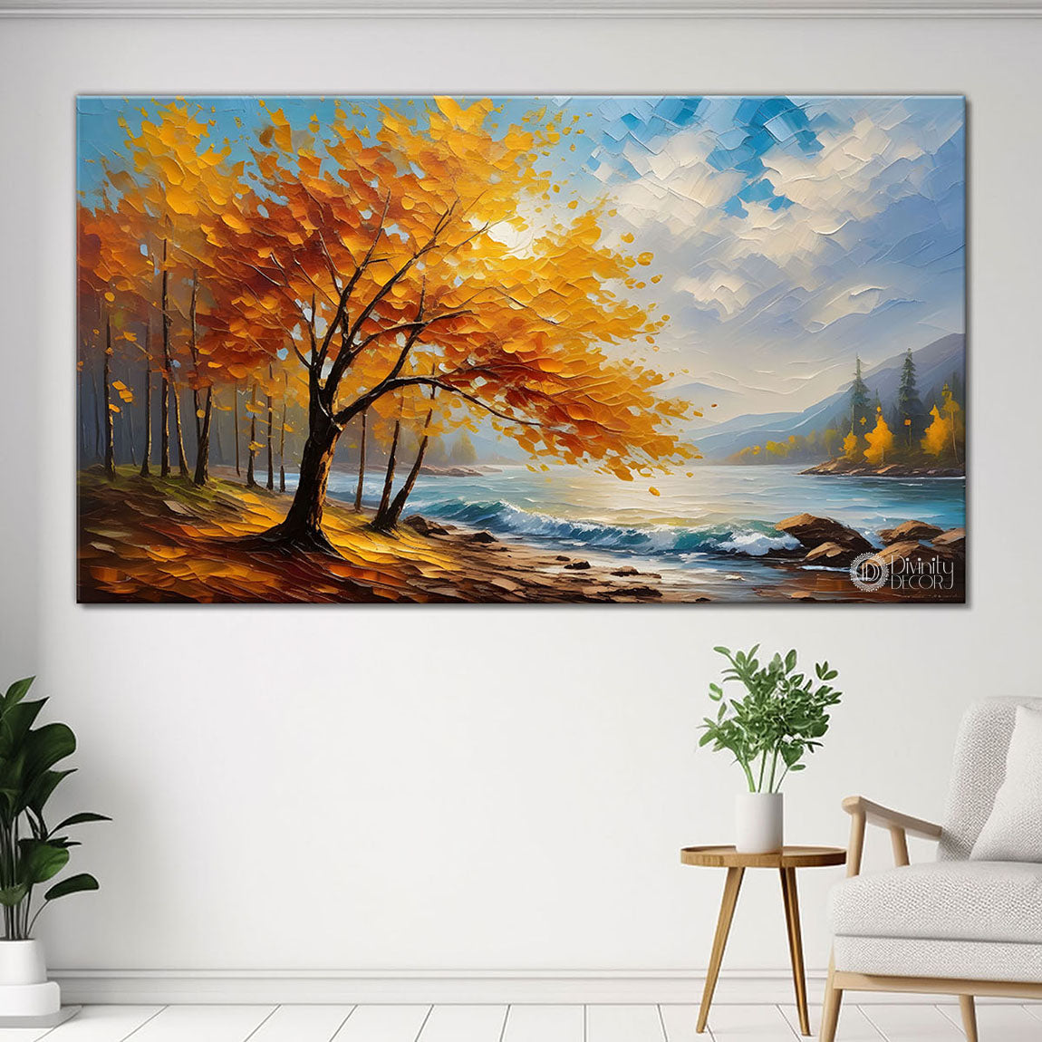 Orange tree with river painting Canvas Painting - Nature Art -737