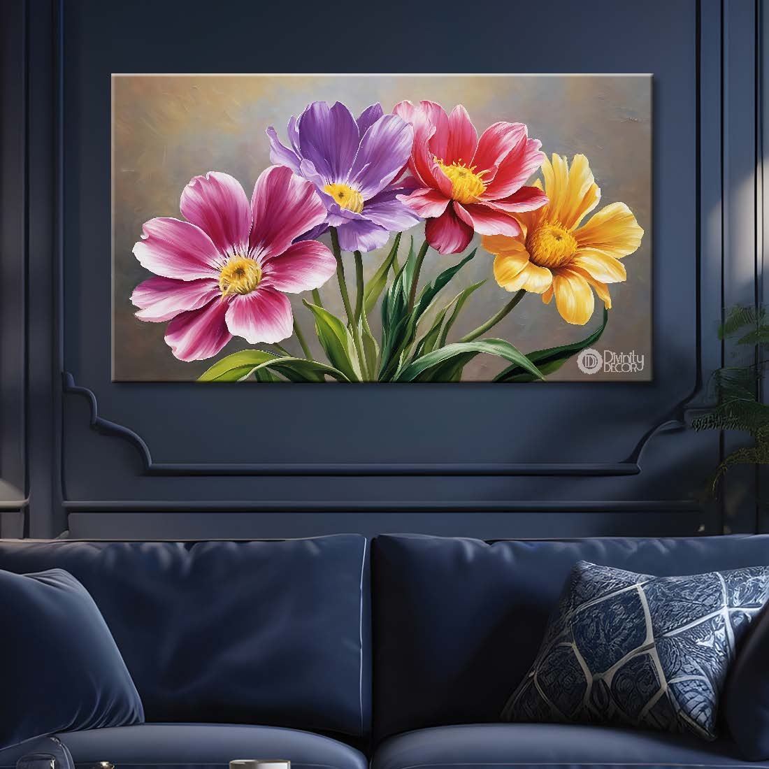Colorful flowers in grey background canvas painting- Flower-738