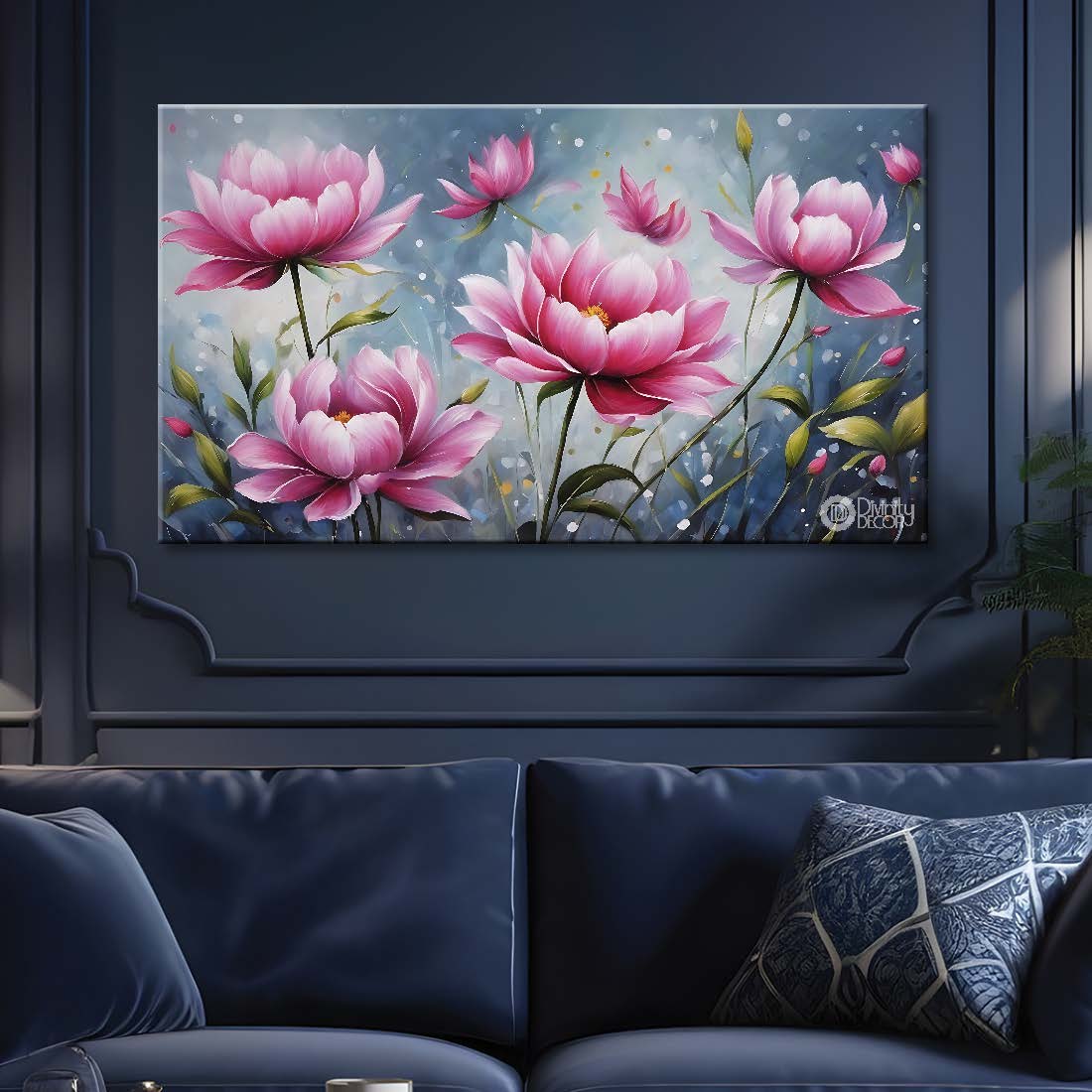 Pink flowers in grey background canvas painting- Flower-739