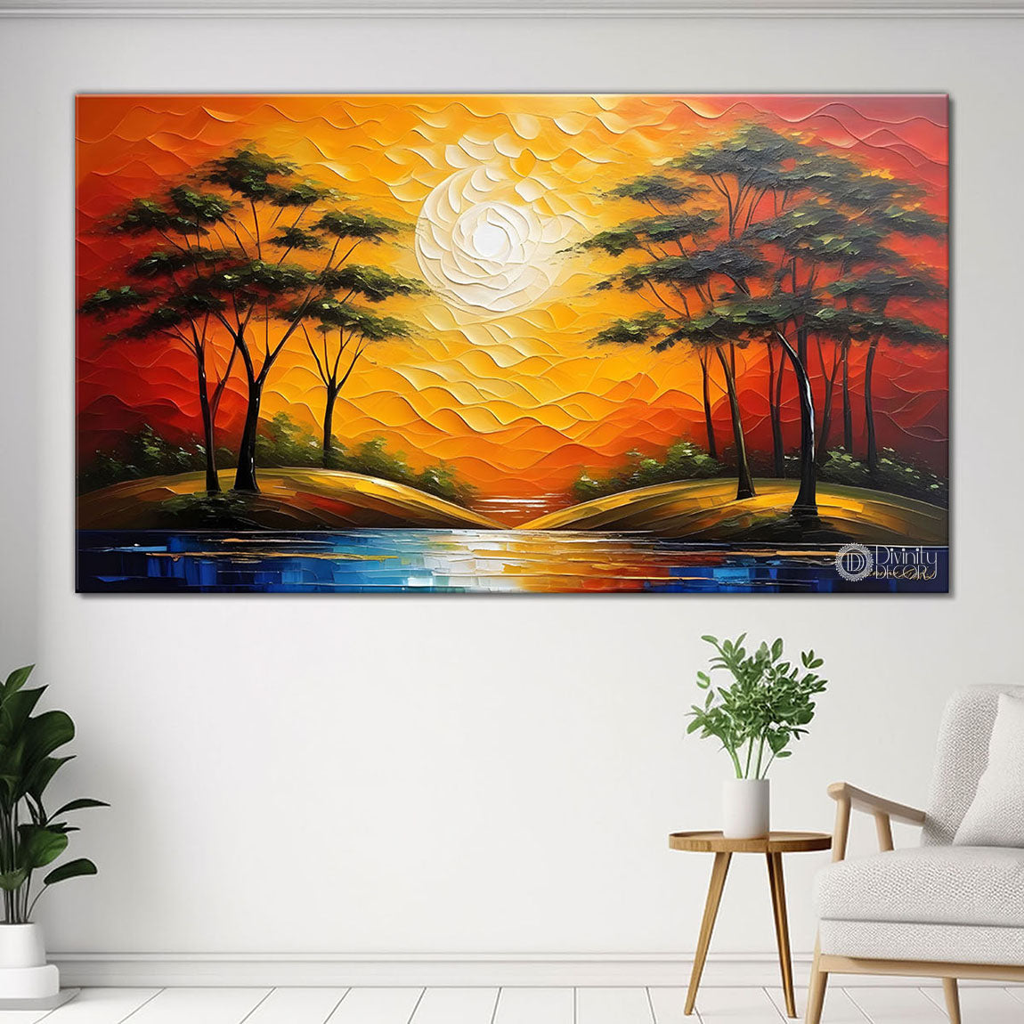 Trees with sunset and lake painting Canvas Painting - Nature Art -739