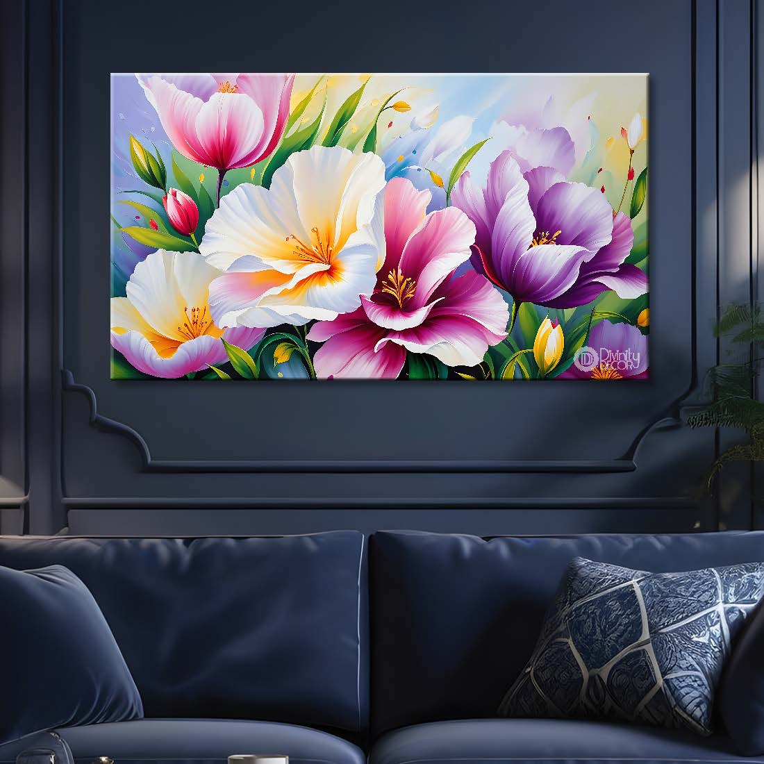 Colorful flowers in white background canvas painting- Flower-741