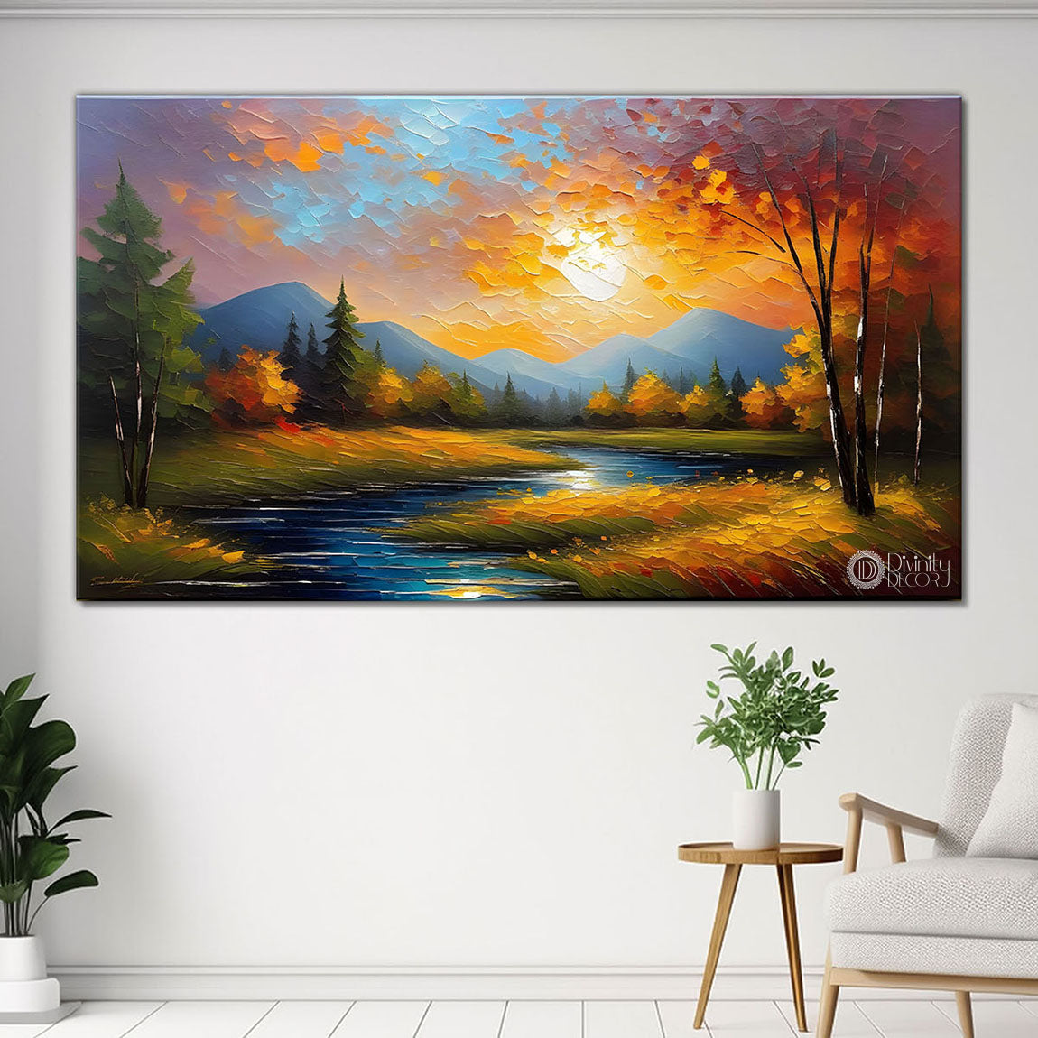 Sunset with trees and lake painting Canvas Painting - Nature Art -741