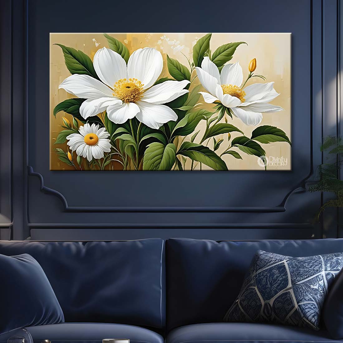 White flowers in light background canvas painting- Flower-742