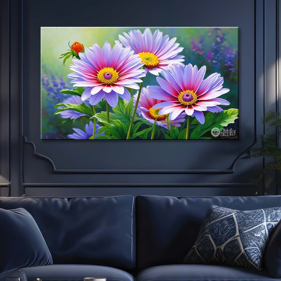Purple flowers in green background canvas painting- Flower-743