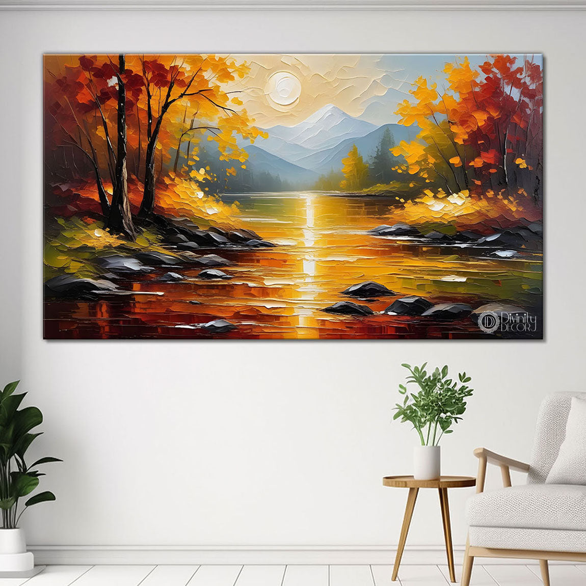 Orange trees with the lake painting Canvas Painting - Nature Art -743