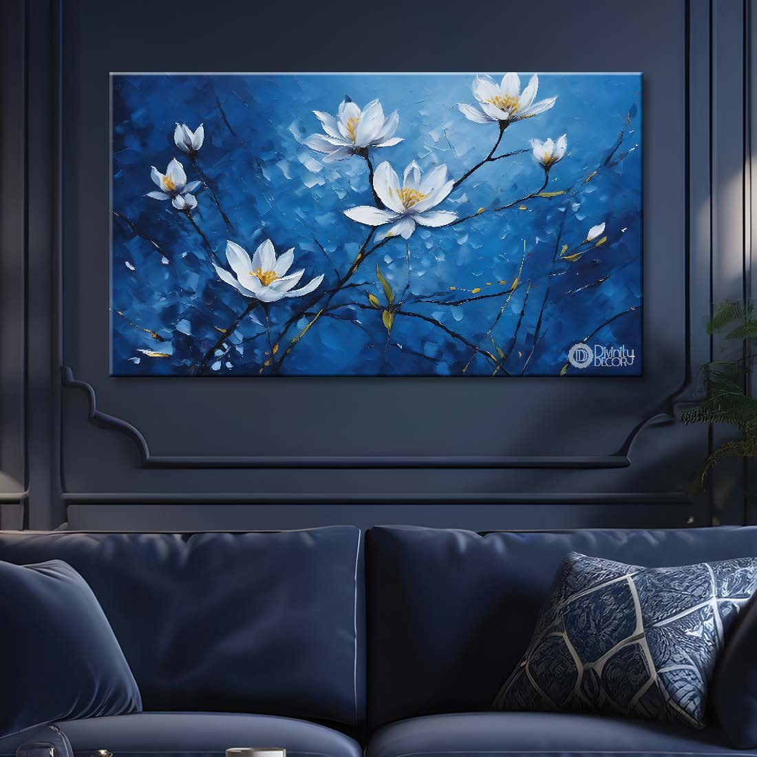 White flowers in navy blue background canvas painting- Flower-744