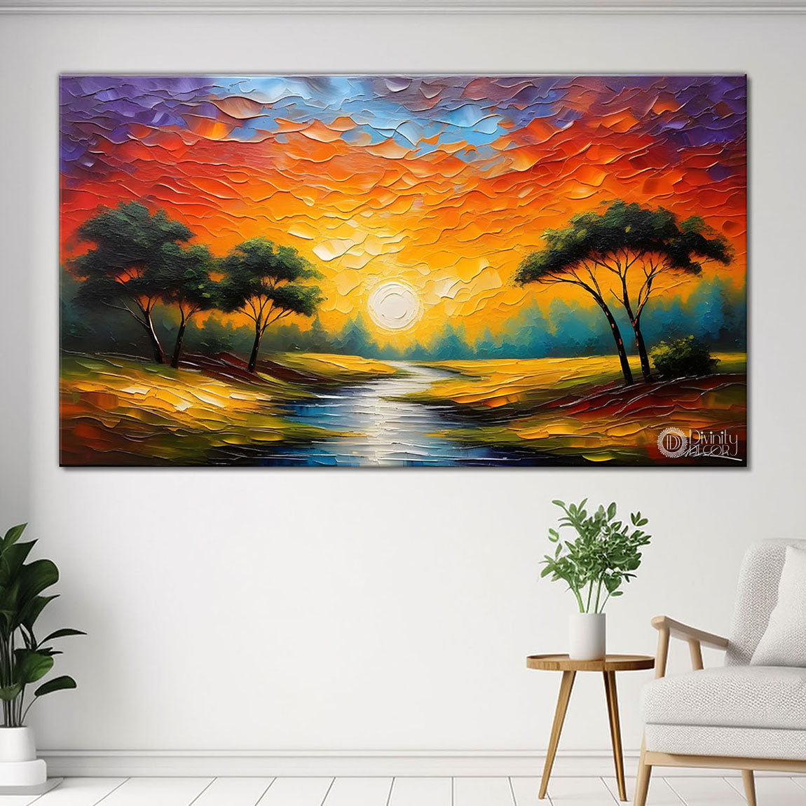 Trees with lake and sunset Canvas Painting - Nature Art -746