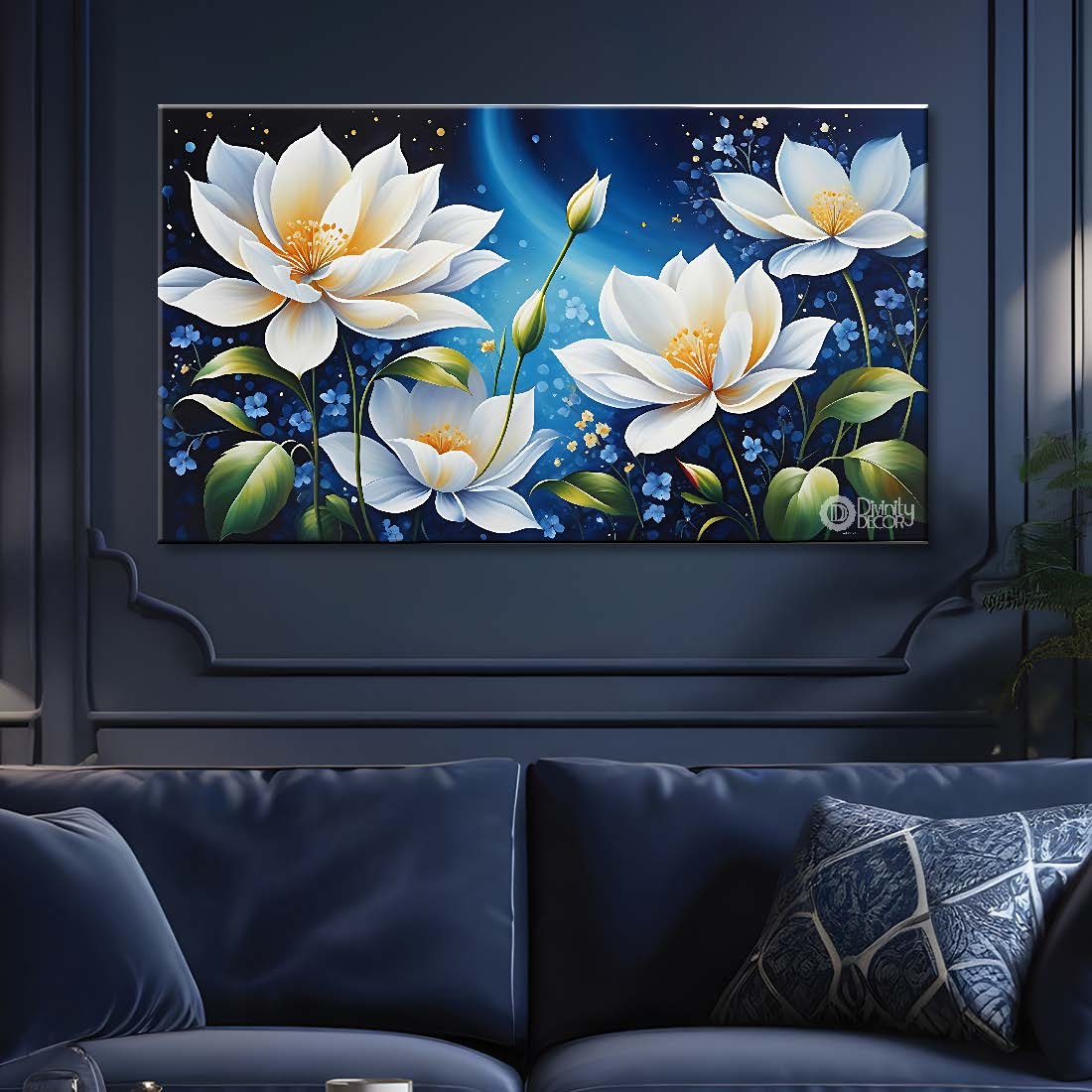 White flowers in navy blue background canvas painting- Flower-749