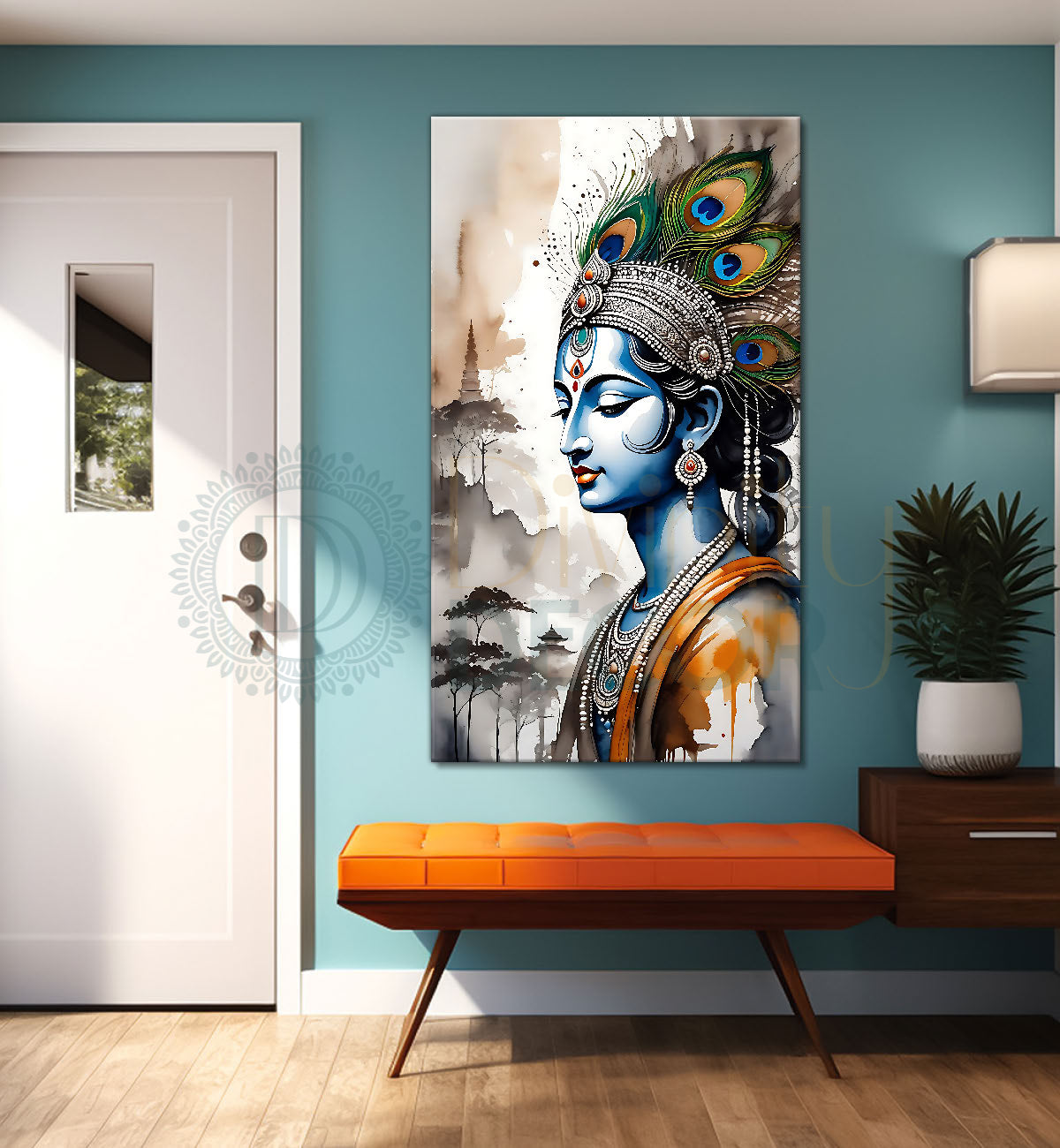 Blue face of krishna in grey and light brown water colour textured art Canvas Painting - Design - Krishna-V-74