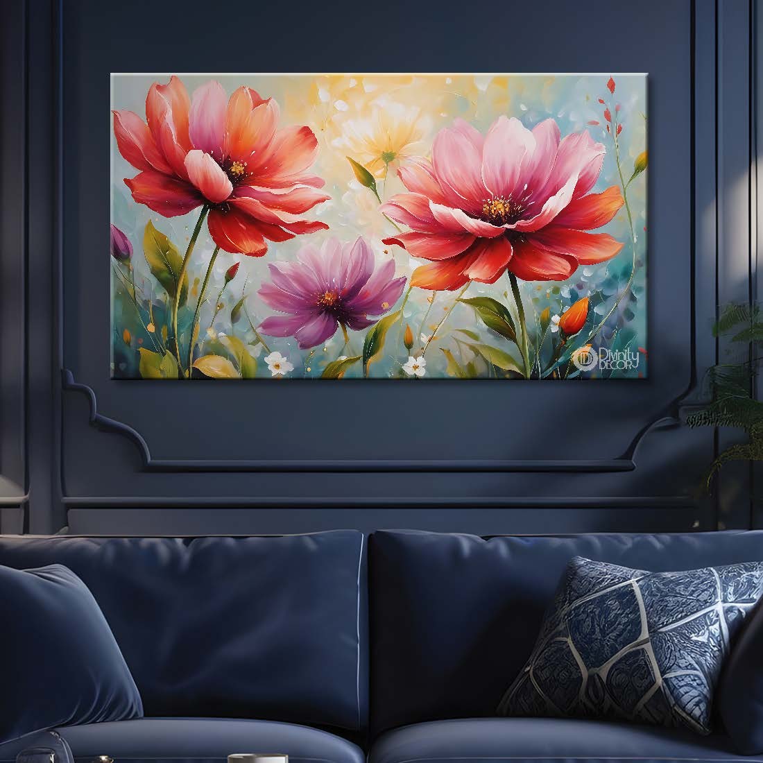 Pink flowers in grey background canvas painting- Flower-750