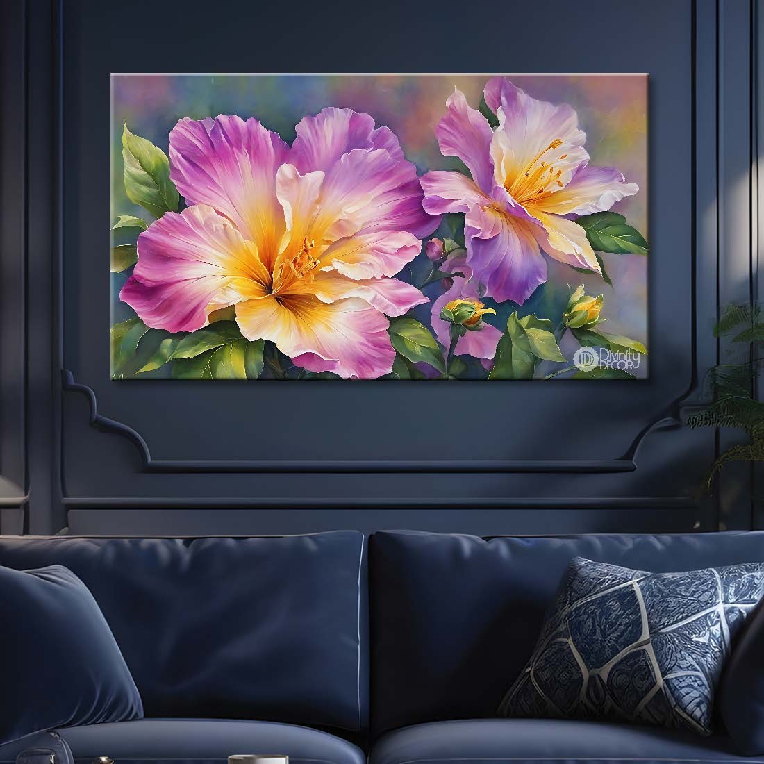 Purple flowers in green background canvas painting- Flower-751